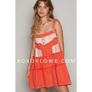 POL Bright Coral Denim + Crochet Patch Tiered Overall Mini Dress